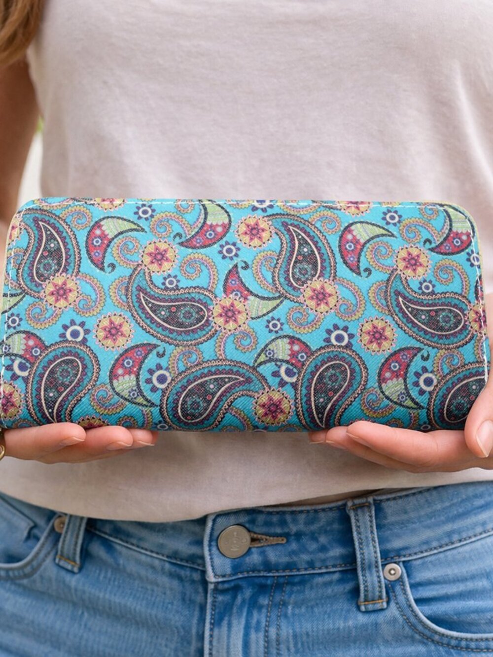 Turquoise Paisley Print Zip Wallet Clutch Easy to Hold and Carry 8 x4" - Hey Viv